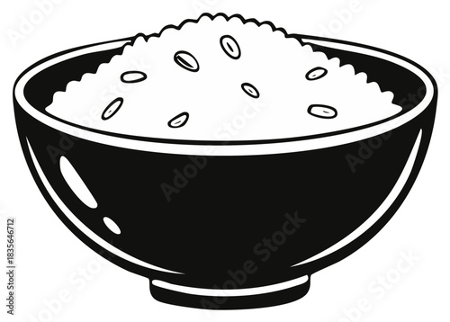 Black and white illustration of a bowl filled with rice grains