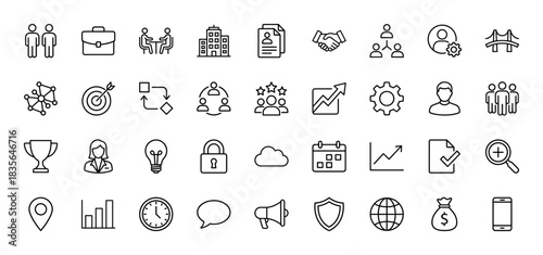 Business and finance line icon set. vector pictograms of briefcase, handshake, cloud storage, and chart, thin outline illustration.