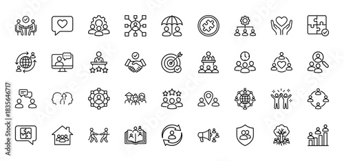 Business and partnership line icon set. Vector pictograms of teamwork, communication, and human resources, thin outline illustration.