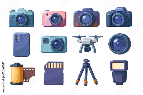 Vector evolution film icon tripod lens icons card camera flash drone sd