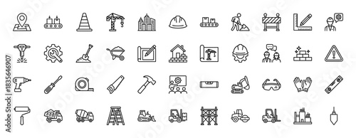 Construction line icon set. Vector pictograms of crane, safety helmet, blueprint, excavator, and tools, thin outline illustration.