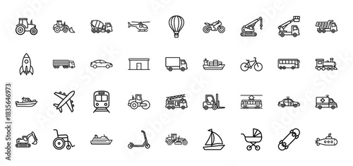 Transportation line icon set. Vector pictograms of a tractor, train, airplane, ambulance, and various other vehicles, thin outline illustration.