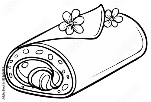 Outline drawing of a sweet Swiss roll dessert with creamy filling and decorative blossoms