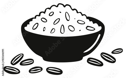 Stylized illustration of a bowl of rice with loose grains