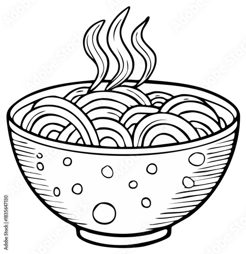 Hand drawn illustration of steaming noodles in a patterned bowl, perfect for culinary themes
