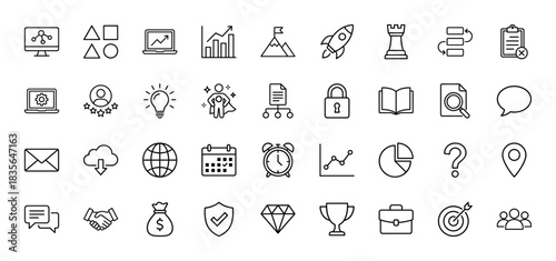 Business and strategy line icon set. Vector pictograms of graph, rocket, chess, team, and security, thin outline illustration.