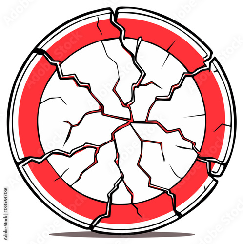 Cracked Red and White Circle Emblem with Fractured Design, Abstract Vector Illustration