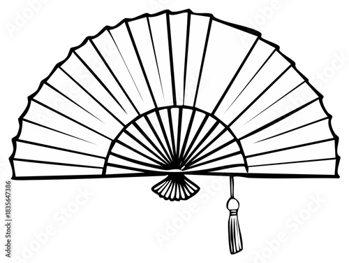 Ornate open folding hand fan traditional outline drawing with elegant tassel design