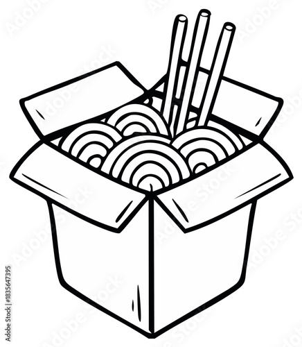 Noodles in a takeout box with chopsticks black and white cartoon illustration