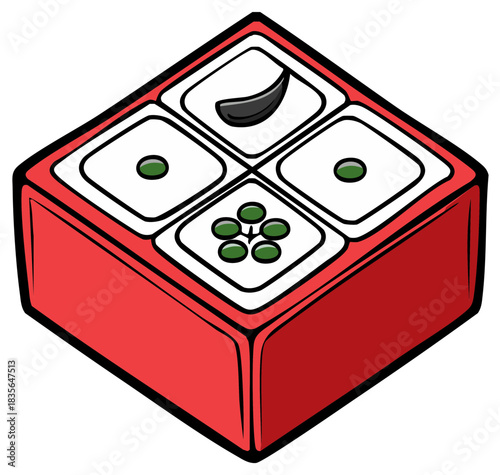 Red Appetizer Box with Various Toppings Bento Box with different flavors in square shaped compartments
