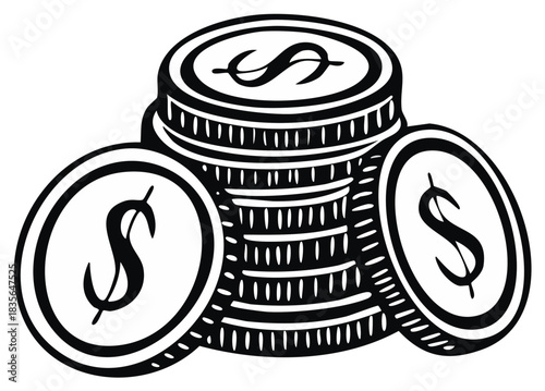 Stylized Stack of Coins Depicting US Dollar Currency Black and White Outline