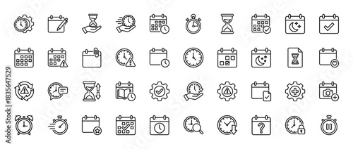 Time management and scheduling line icon set. Vector pictograms of clock, calendar, hourglass, stopwatch, and alert, thin outline illustration.