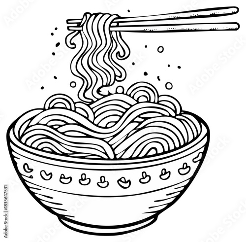 Hand drawn black and white vector illustration of chopsticks picking up hot noodles from a bowl