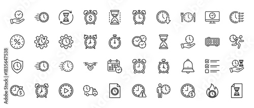 Time management and scheduling line icon set. Vector pictograms of clocks, alarms, hourglasses, gears, calendars, and delivery trucks, thin outline illustration.