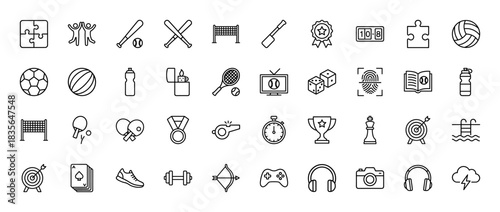 Sports, games, and hobbies line icon set. Vector pictograms of basketball, baseball, puzzle, tennis, and archery, thin outline illustration.