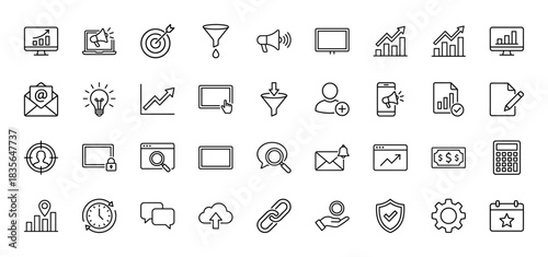 Marketing and business line icon set. Vector pictograms of graph, target, funnel, analytics, and strategy, thin outline illustration.