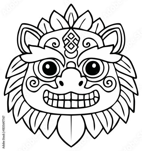 Stylized mythological Asian guardian lion mask outline for a coloring book page