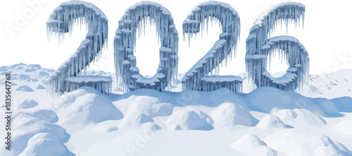 Year 2026 rendered in large, icy, threedimensional numbers sitting a snowy landscape