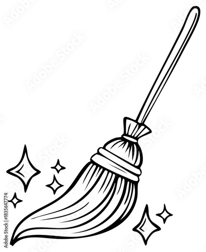 Illustrated broom sweeping with sparkles symbolizing cleanliness and effectiveness in black and white outline