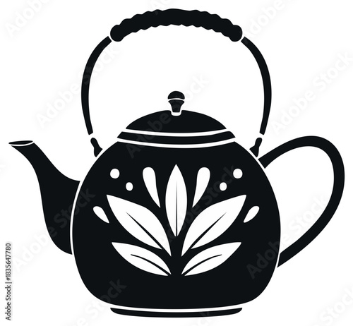 Vintage kettle with a top handle and botanical ornament, monochrome graphic icon for a tea ceremony