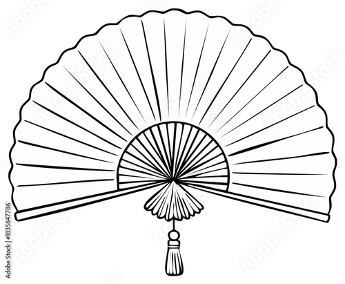 Traditional Asian Folding Hand Fan with Tassel Line Art Illustration
