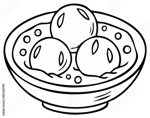 Cartoon bowl of meatballs in broth, a simple black and white line art illustration for coloring