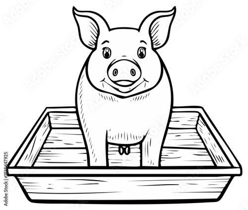 Line art illustration of a happy piglet standing in a wooden trough cute barnyard animal vector drawing