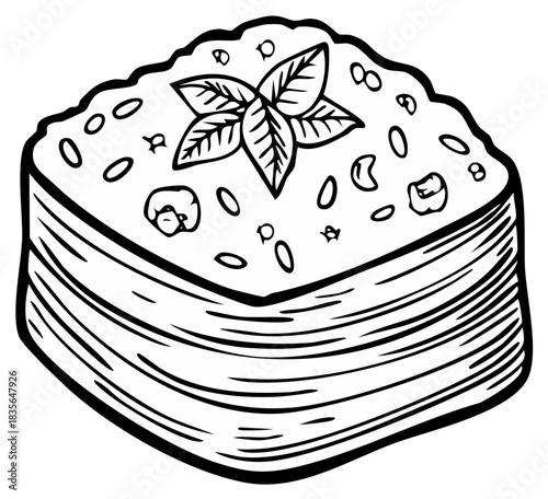 Cartoon drawing of lasagna with basil leaves and ingredients, side view
