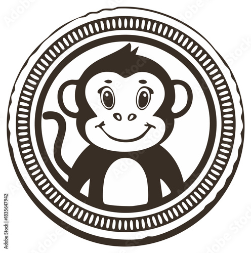 Smiling playful baby monkey illustration in a stylized round coin border design