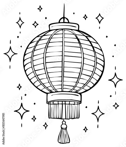 Hand drawn traditional oriental lantern with decorative tassel and sparkling stars illustration
