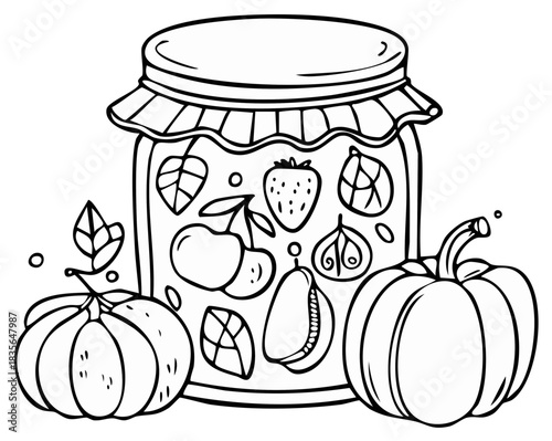 Jar of autumn fruit preserves and pumpkins, black and white coloring page illustration.