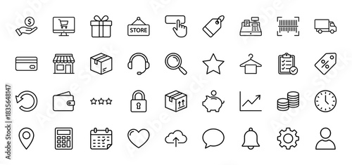 E-commerce line icon set. Vector pictograms of shopping cart, credit card, delivery truck, and clock, thin outline illustration.