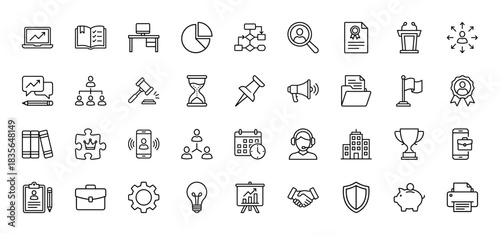 Business and management line icon set. Vector pictograms of graph, pie chart, calendar, handshake, and briefcase, thin outline illustration.