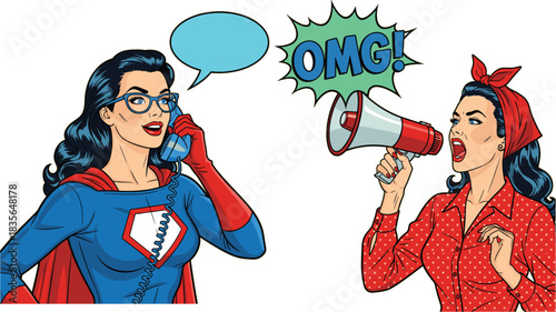 Pop art comic vector illustration of a superhero talking on a telephone next to a retro woman yelling into a megaphone symbolizing urgent communication and announcements