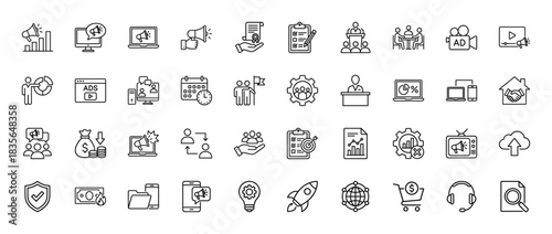 Marketing and advertising line icon set. Vector pictograms of megaphone, chart, presentation, checklist, strategy, and rocket, thin outline illustration.