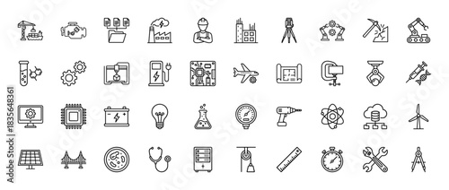 Industrial and engineering outline icon set. vector pictograms of factory, engine, robot, worker, construction, and data, thin line illustration.