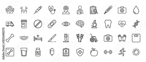 Medical healthcare line icon set. vector pictograms of stethoscope, syringe, ambulance, microscope, bone, and heart, thin outline illustration.