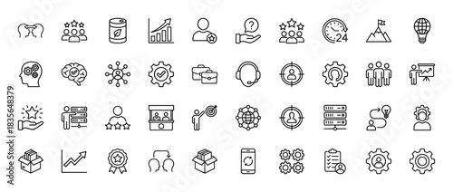 Business line icon set. Vector pictograms of teamwork, strategy, development, management, and technology concepts, thin outline illustration.
