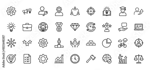 Business and management line icon set. Vector pictograms of gear, lightbulb, briefcase, diamond, and time, thin outline illustration.