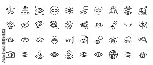 Vision and monitoring line icon set. Vector pictograms of surveillance, eye care, search, security, and perception, thin outline illustration.