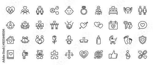 Love and relationship line icon set. Vector pictograms of hearts, couple, baby, ring, calendar, and family, thin outline illustration.