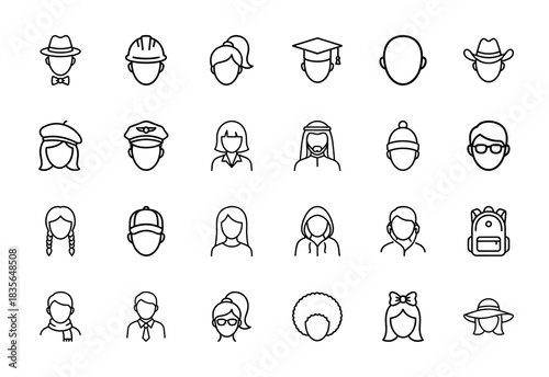 People and profession line icon set. Vector pictograms of faces with different hats, hairstyles, and accessories, thin outline illustration.
