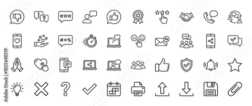 Feedback and communication line icon set. Vector pictograms of thumbs up, stars, review, message, and mobile phone, thin outline illustration.