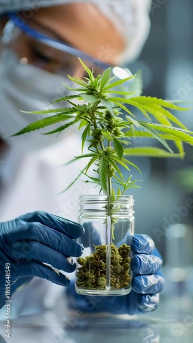 A woman wearing a lab coat is holding a small marijuana plant in a jar. The plant is green and he is healthy. The woman is likely a scientist or researcher studying the plant or its properties