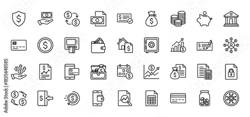 Finance and banking line icon set. Vector pictograms of money, credit cards, banking, and investment, thin outline illustration.