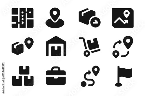 Case logistics compact icon uniform thickness rapid delivery vector set pin balanced