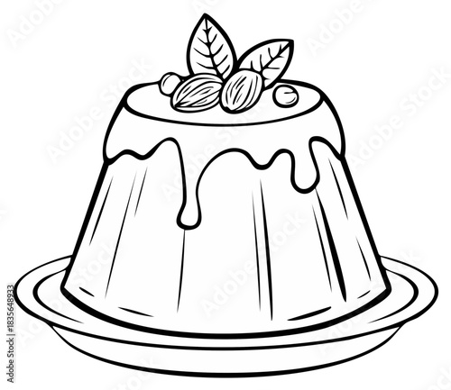 Pudding dessert with dripping sauce and almond garnish coloring book line art
