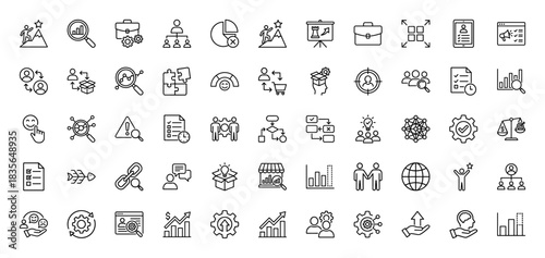 Business and management line icon set. Vector pictograms of research, strategy, teamwork, and growth, thin outline illustration.