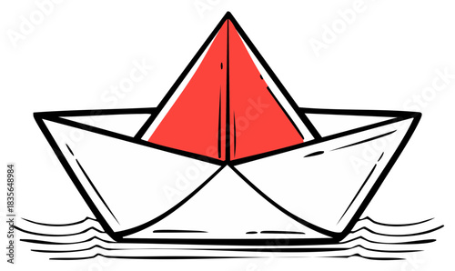 Illustrated paper boat with red sail floating on water, simple hand drawn design.