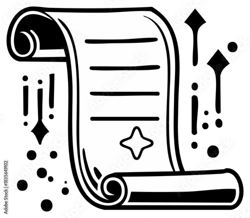 Mystical Unrolled Parchment Scroll with Decorative Magic Elements and a Central Star Symbol